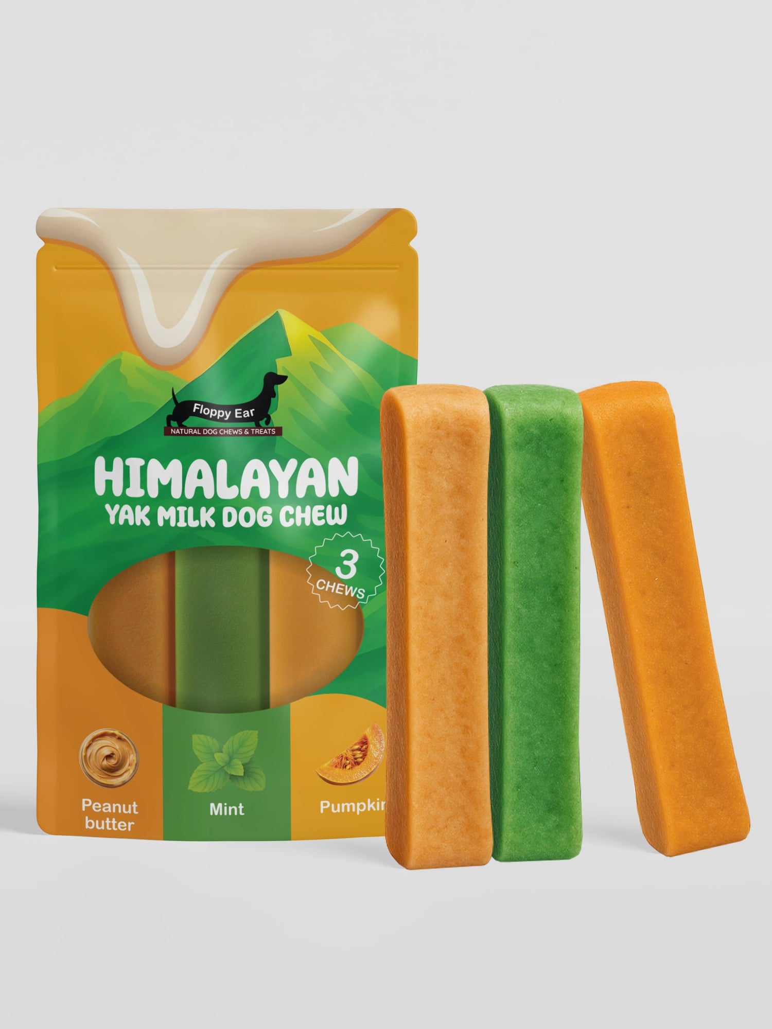 Mixed Flavours Yak Dog Chews Peanut Butter, Mint, Pumpkin Medium size - Floppy Ear