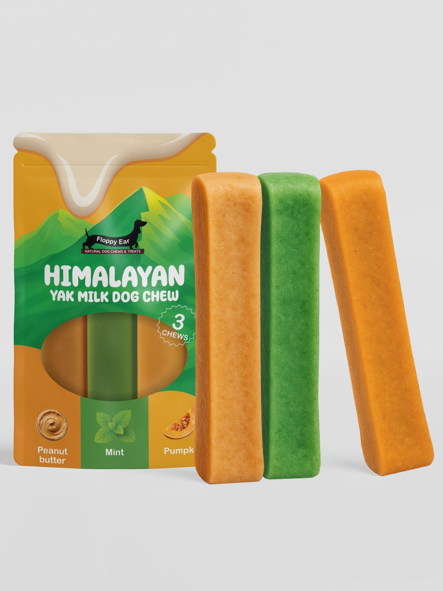 Mixed Flavours Yak Dog Chews Peanut Butter, Mint, Pumpkin Large size - Floppy Ear