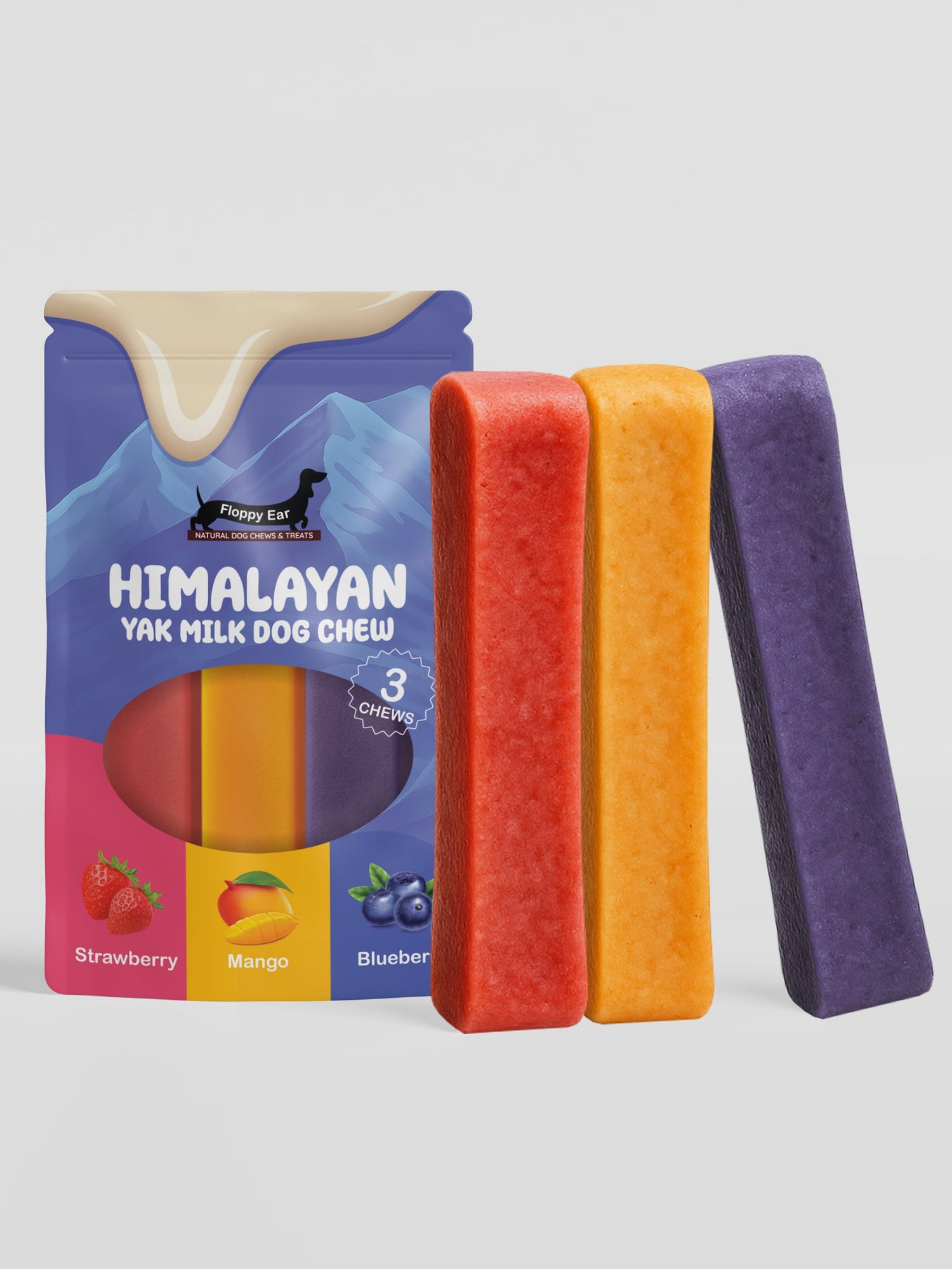 Mixed Flavours Yak Dog Chews Strawberry, Mango, Blueberry Large size - Floppy Ear