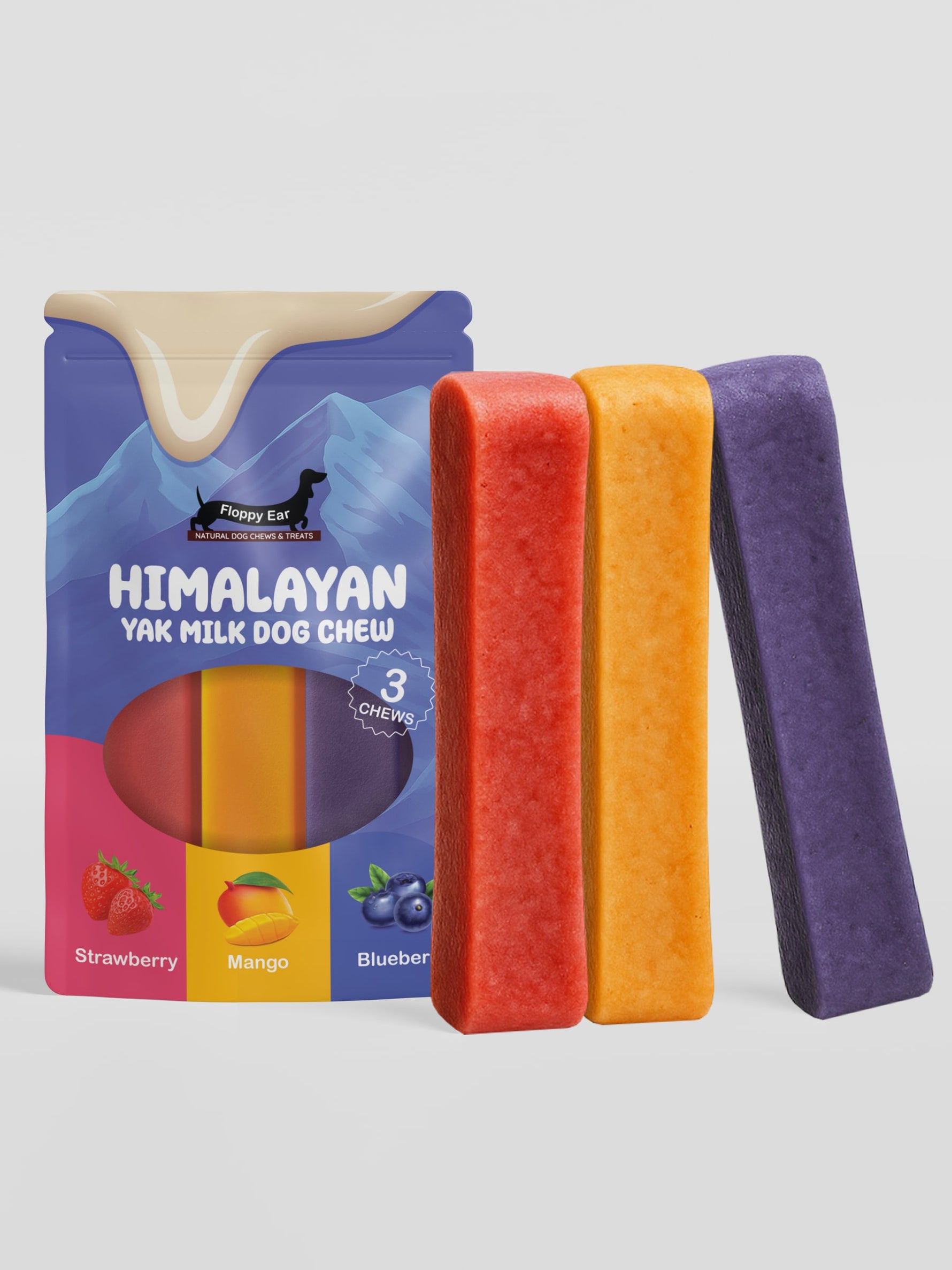 Mixed Flavours Yak Dog Chews Strawberry, Mango, Blueberry Large size - Floppy Ear