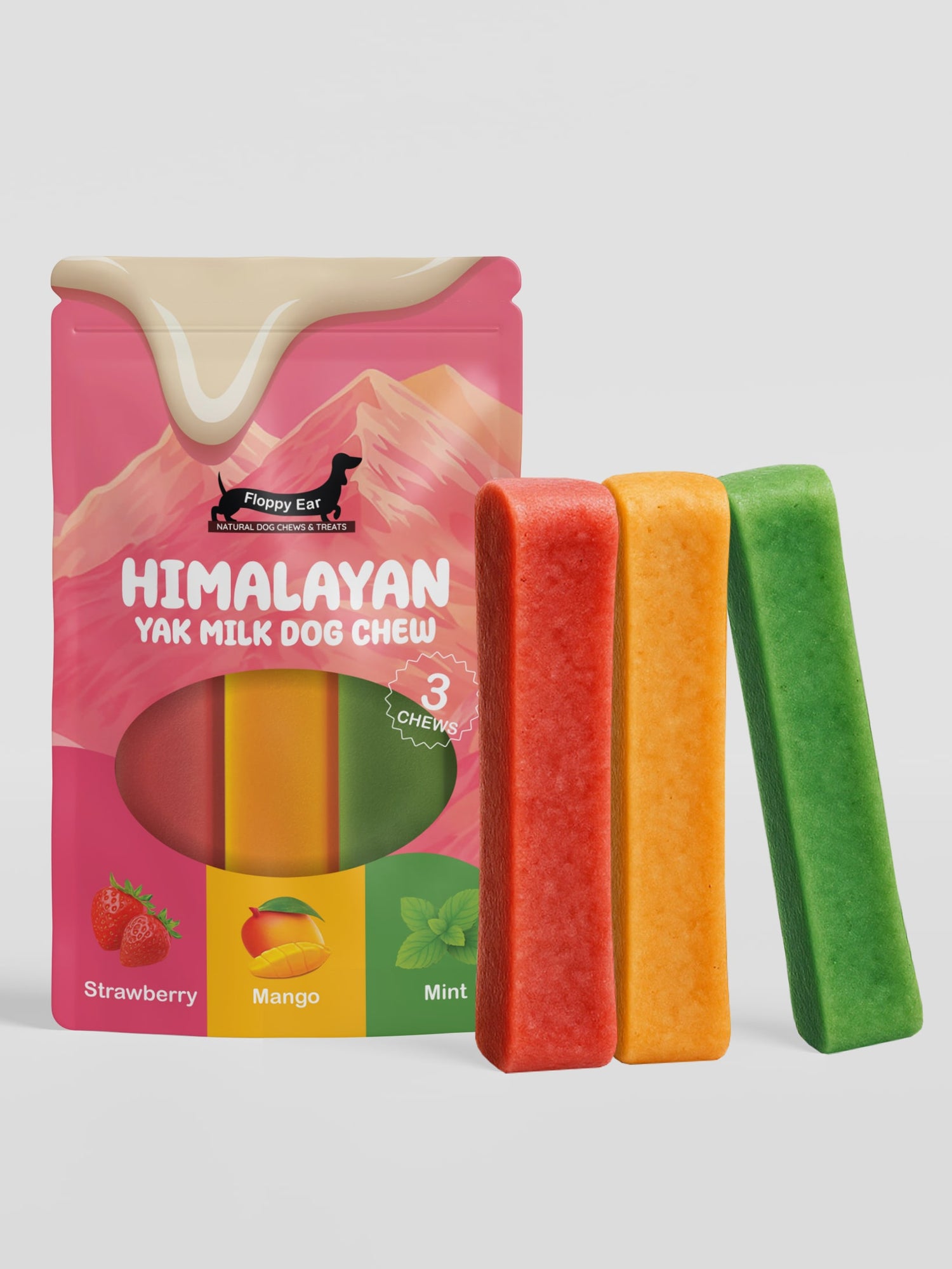 Mixed Flavours Yak Dog Chews Strawberry, Mango, Mint Medium size - Floppy Ear