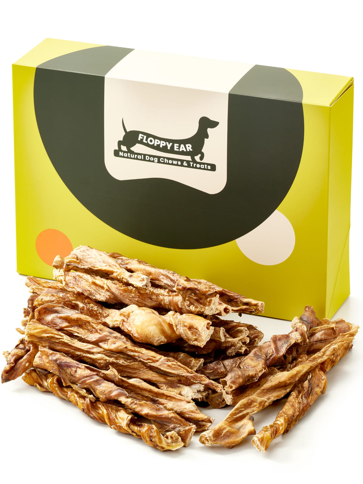 Floppy Ear Air Dried Beef Strips Box closed with large pile of natural air-dried beef strips in the foreground