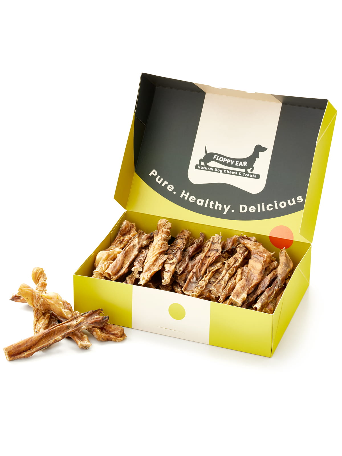 Floppy Ear Air Dried Beef Strips Box open at an angle showing natural air-dried beef strips with "Pure. Healthy. Delicious." on the lid