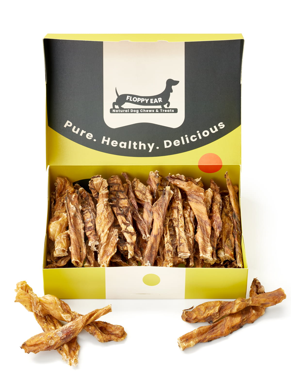 Floppy Ear Air Dried Beef Strips Box open front view filled with premium natural air-dried beef strips