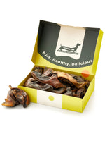 Floppy Ear Beef Collagen Strips Box open at an angle showing natural dried beef collagen chews with "Pure. Healthy. Delicious." on the lid