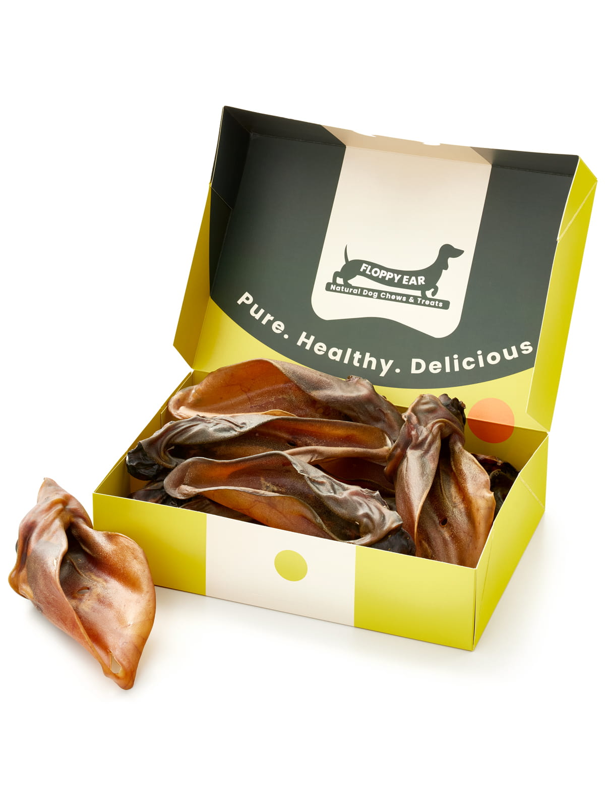 Floppy Ear Beef Ears Chew Box open at an angle showing natural dried beef ears inside with "Pure. Healthy. Delicious." on the lid