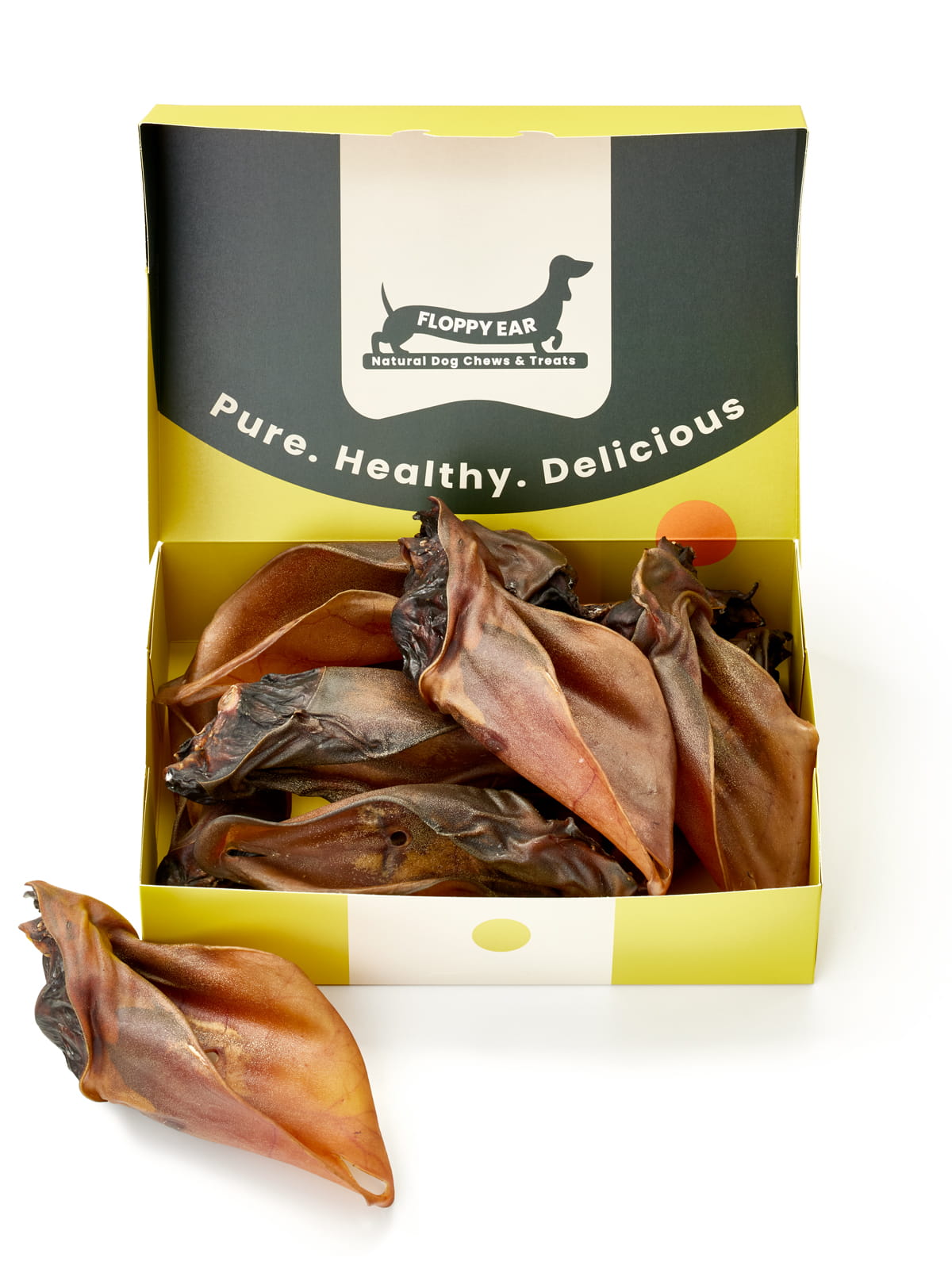 Floppy Ear Beef Ears Chew Box open front view filled with premium natural dried beef ear dog chews