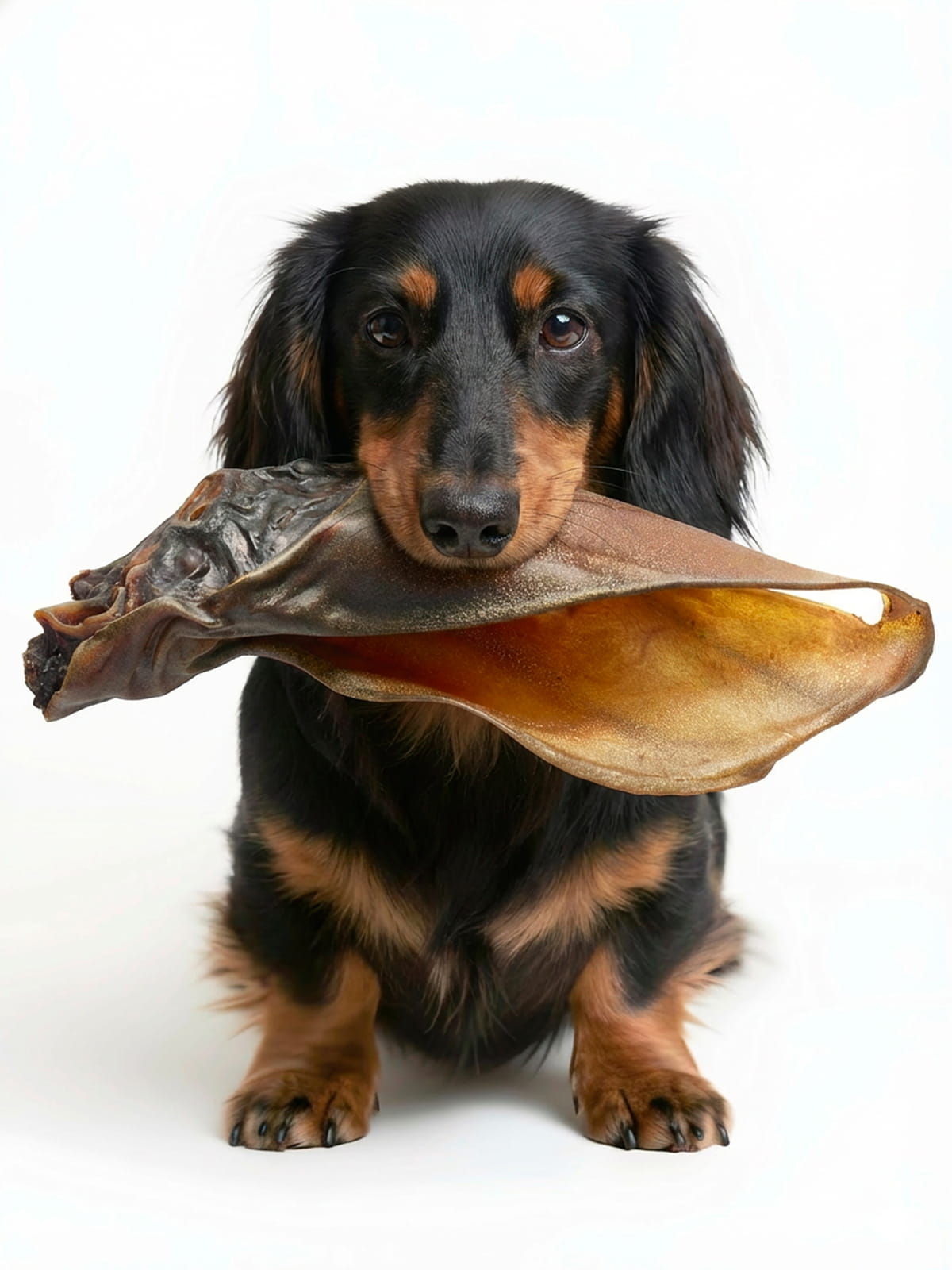 Happy long-haired dachshund holding a large Floppy Ear natural beef ear chew in its mouth on white background