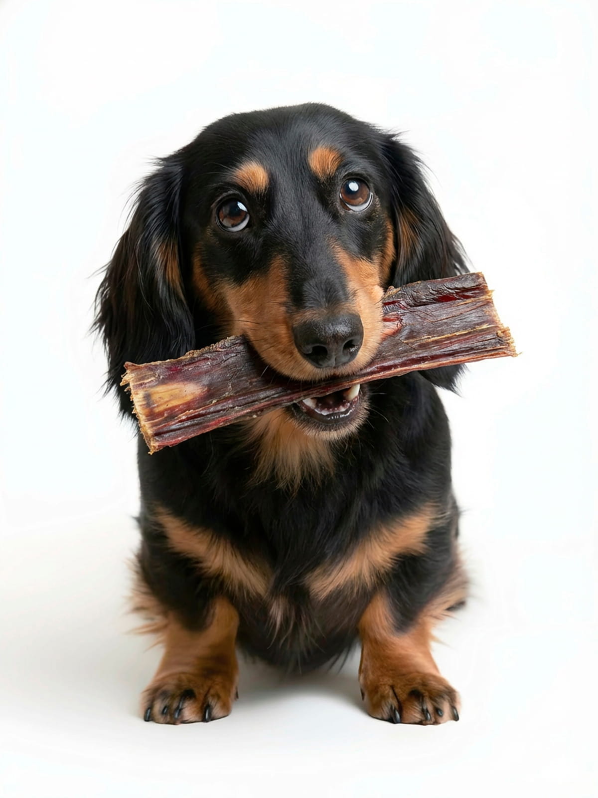 Happy long-haired dachshund holding Floppy Ear natural beef gullet chew in its mouth on white background