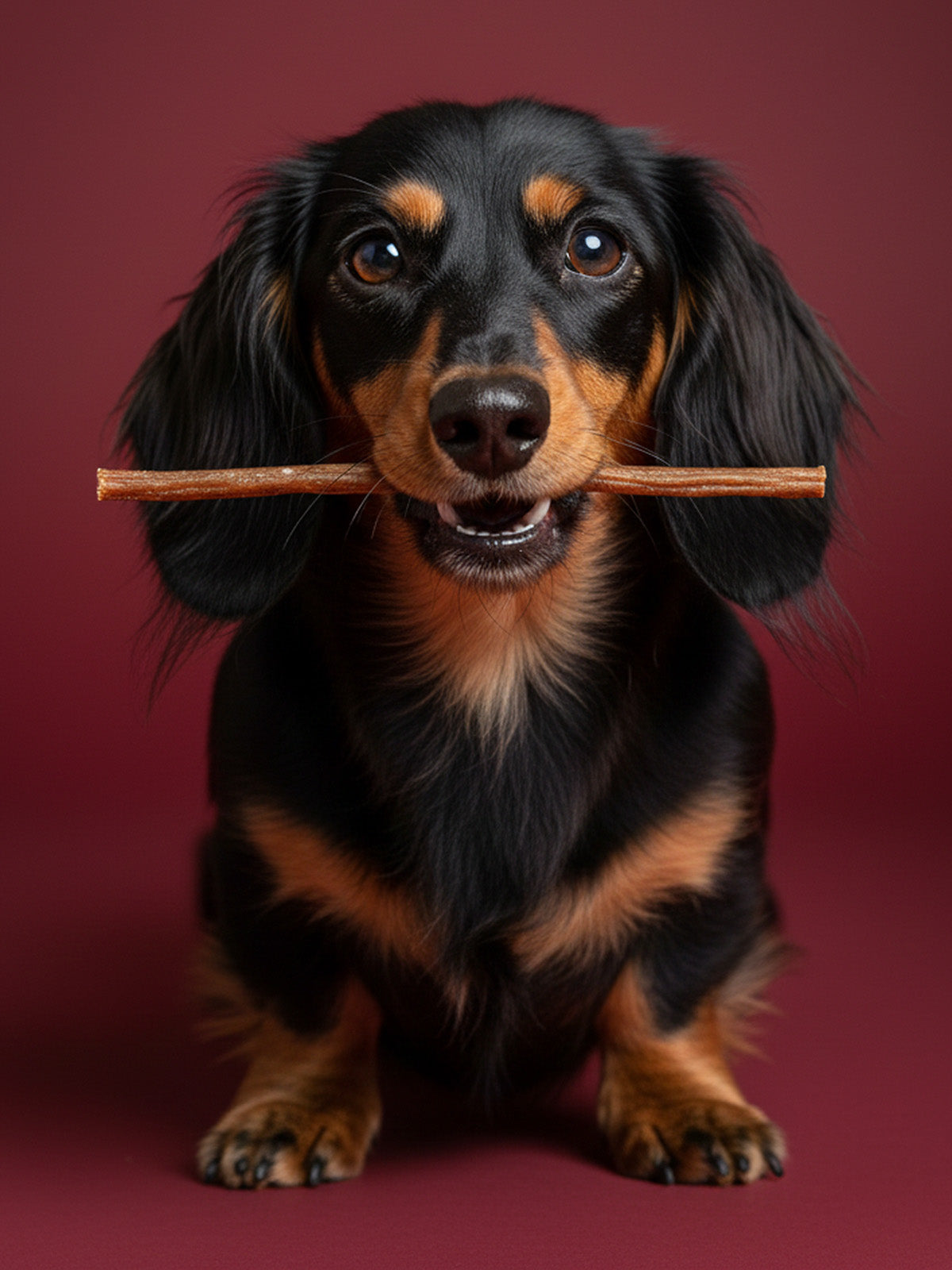 Dachshund holding a beef spaghetti treat in its mouth against a red background