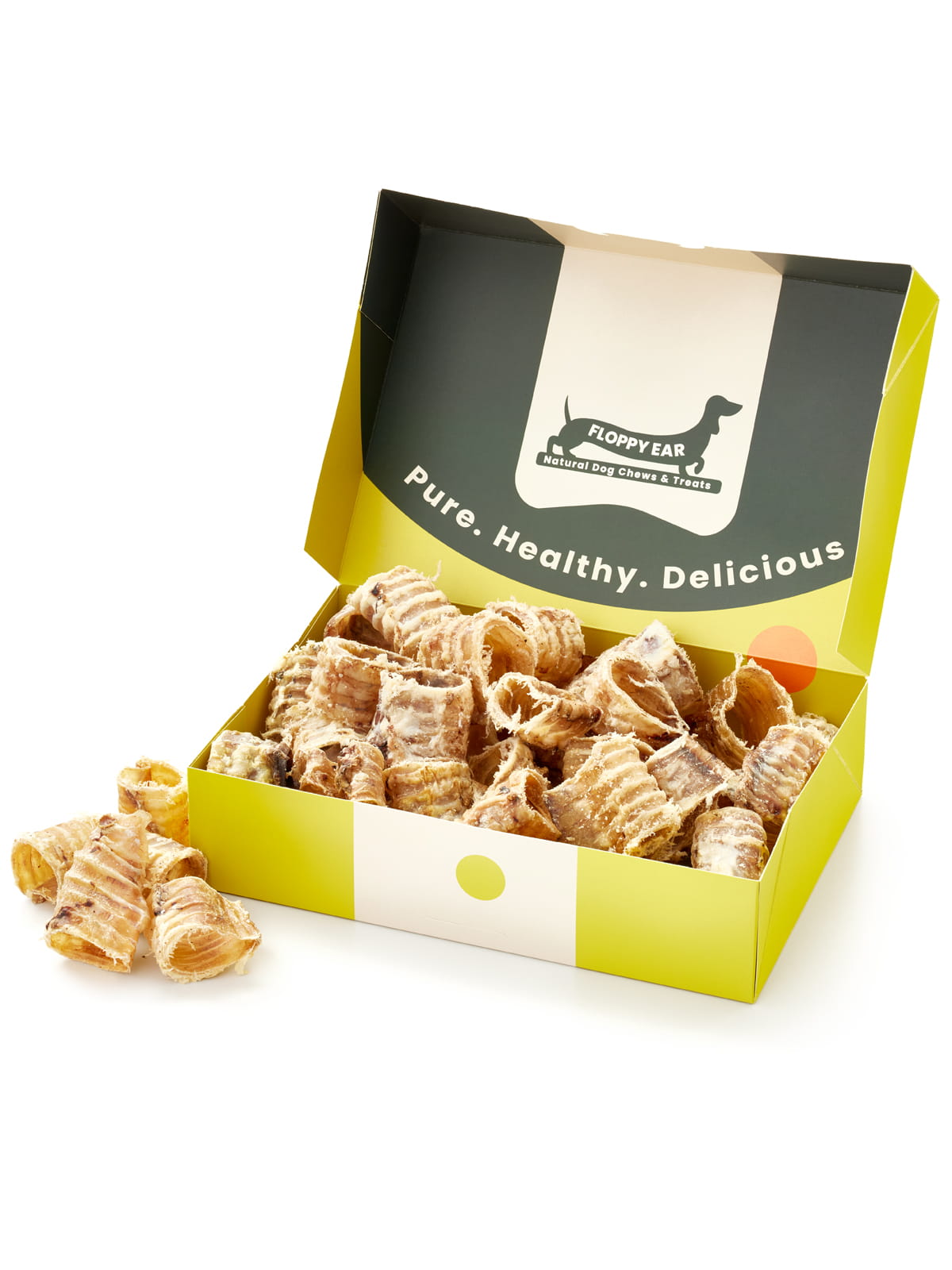 Floppy Ear Beef Trachea Chew Box open at an angle showing natural dried beef trachea rings with "Pure. Healthy. Delicious." on the lid