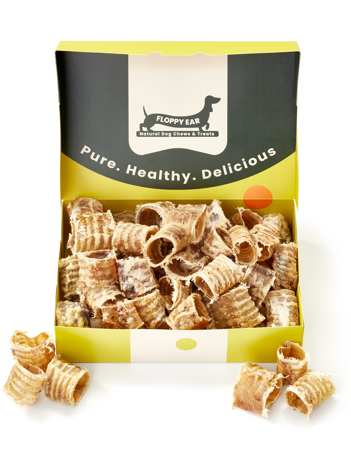 Floppy Ear Beef Trachea Chew Box open front view filled with premium natural dried beef trachea dog chews