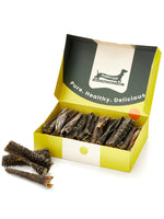 Floppy Ear Beef Tripe Chew Box open at an angle showing natural dried beef tripe chews with "Pure. Healthy. Delicious." on the lid
