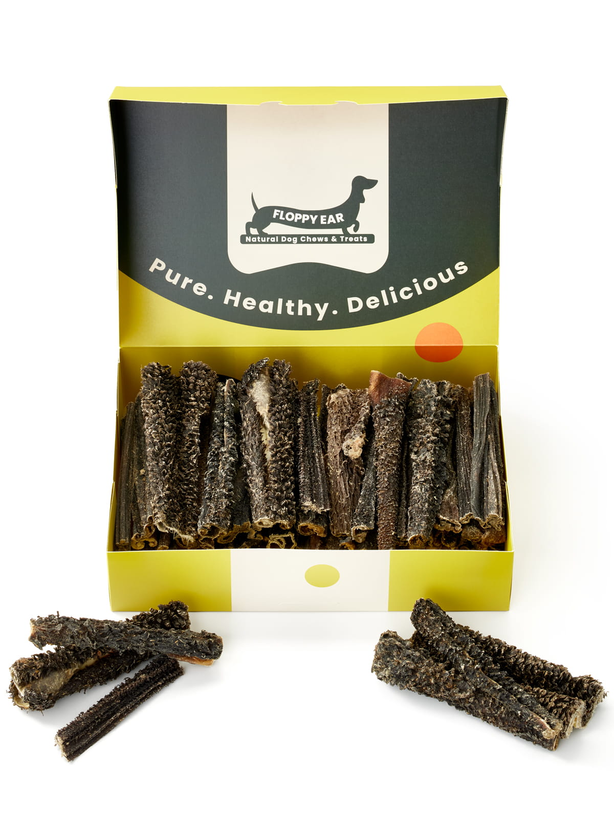 Floppy Ear Beef Tripe Chew Box open front view filled with premium natural dried beef tripe dog treats
