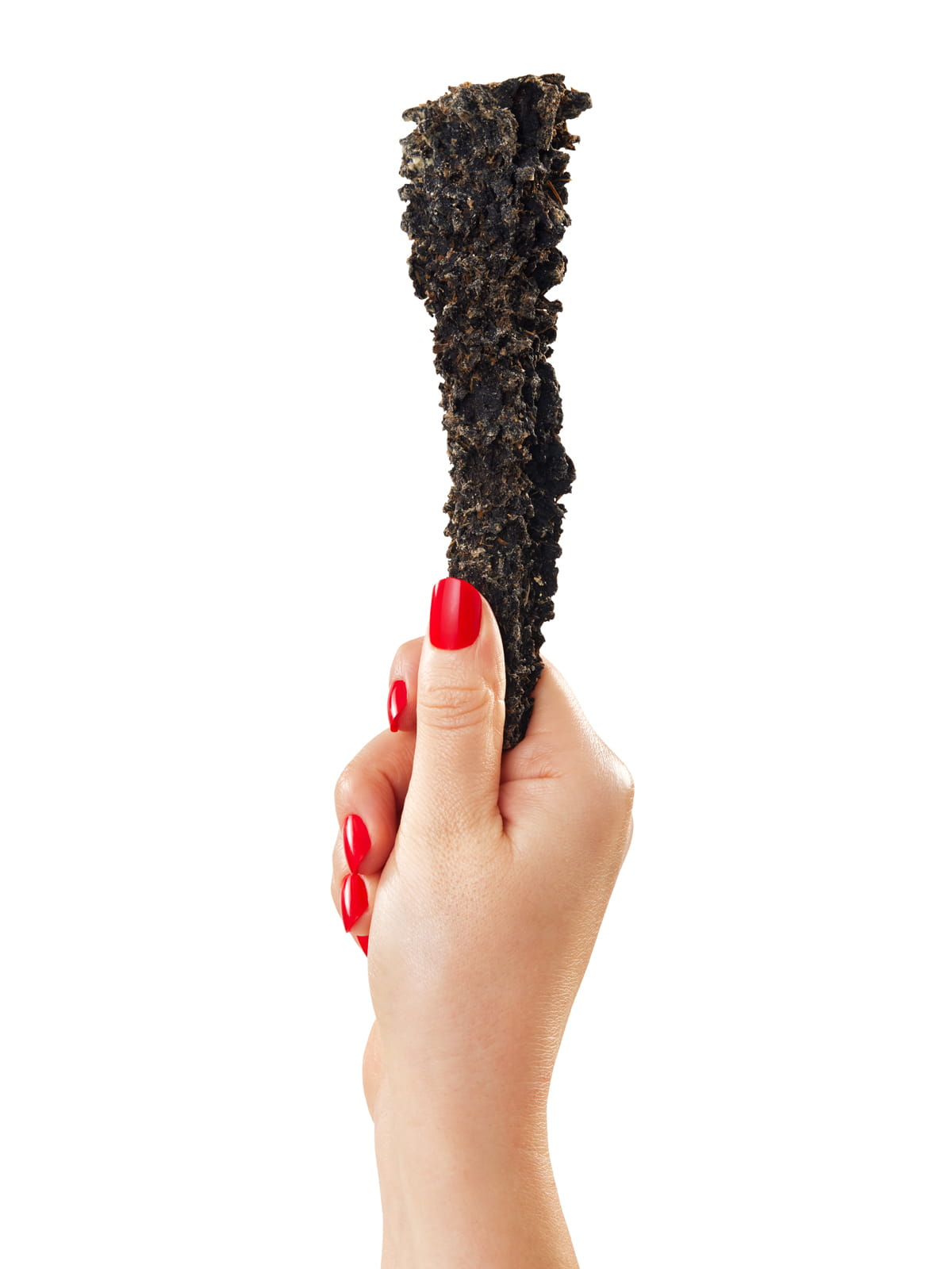 Hand with red nails holding single Floppy Ear natural dried beef tripe chew showing textured surface and length