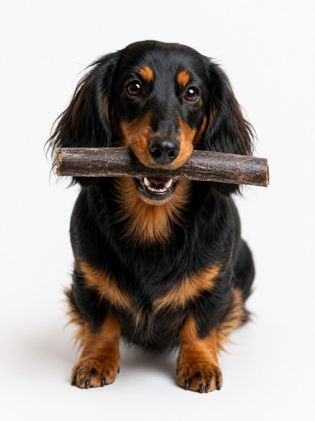 Black and tan dachshund holding a natural air-dried beef skin dog chew from Floppy Ear – long-lasting high protein low fat dental stick