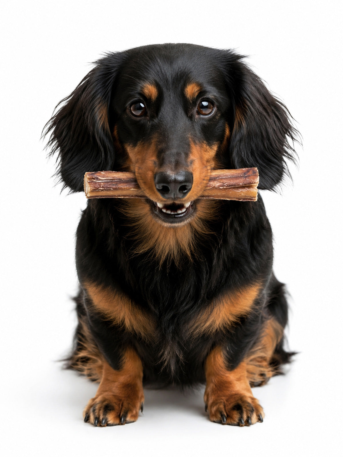 Floppy Ear 100% Natural Air Dried Bull Pizzle Chew 4-pack pouch in bamboo bowl with moss