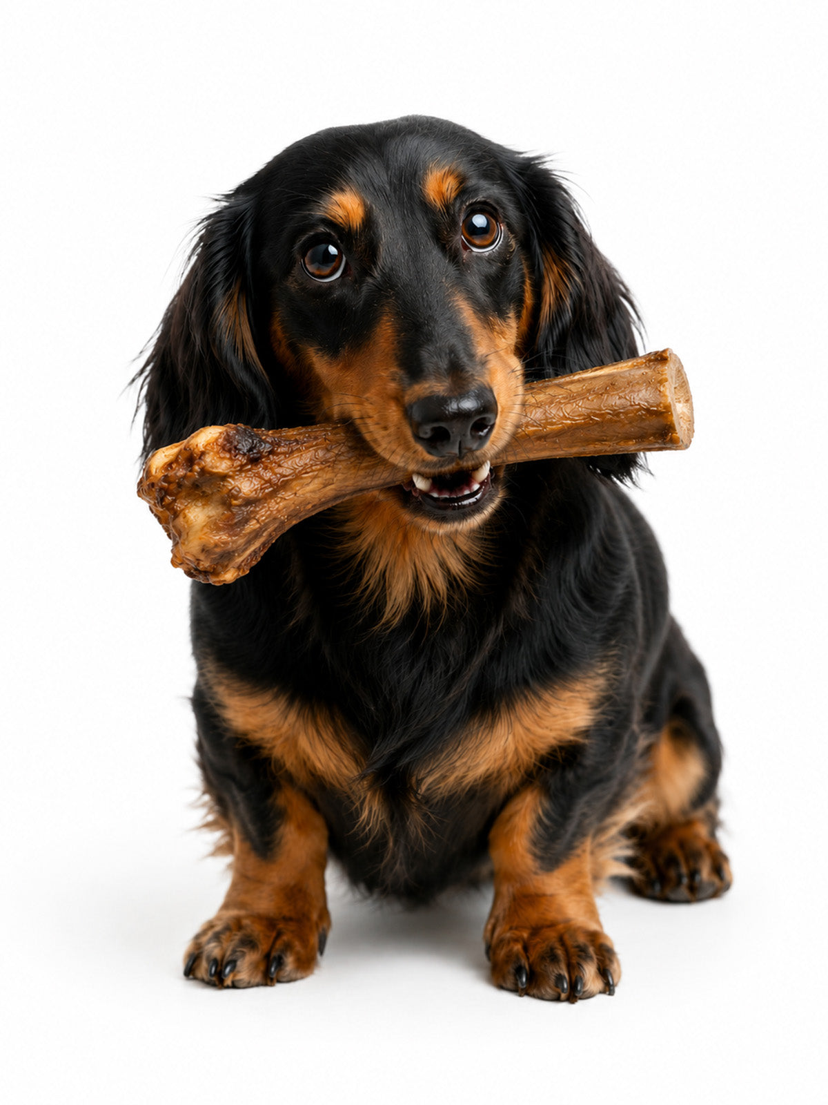 Black and tan dachshund holding a natural ostrich bone dog chew from Floppy Ear – large air-dried long-lasting dental treat
