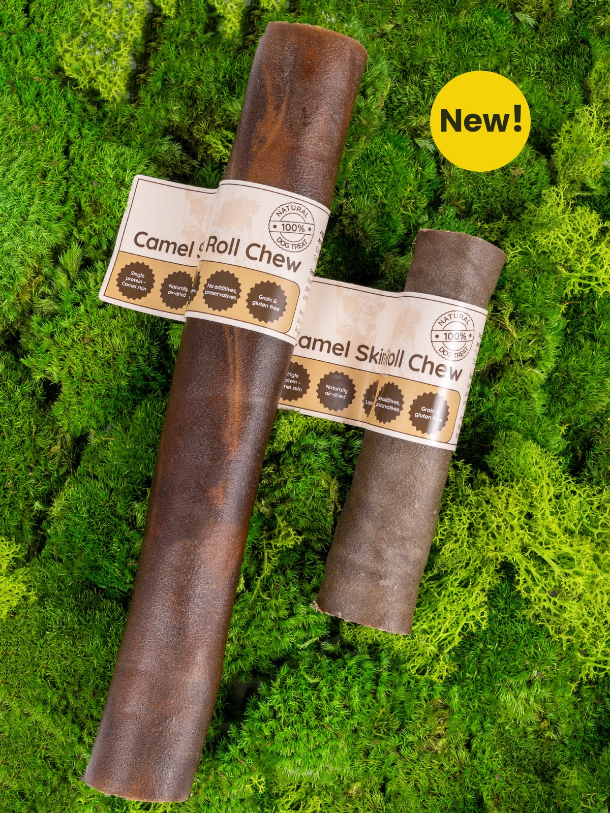 Floppy Ear Camel Skin Roll Chew Large and Small sizes on moss New product