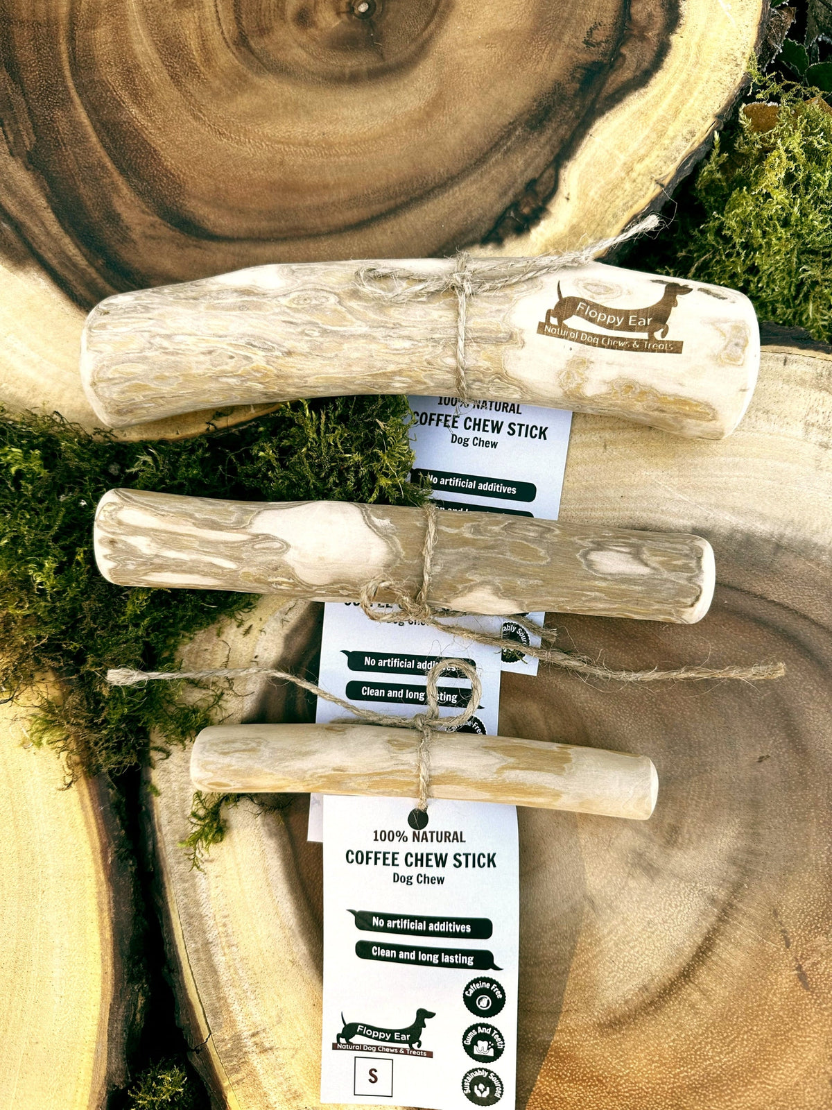 Floppy Ear Coffee Chew Stick Small Medium and Large sizes on wooden slice with moss