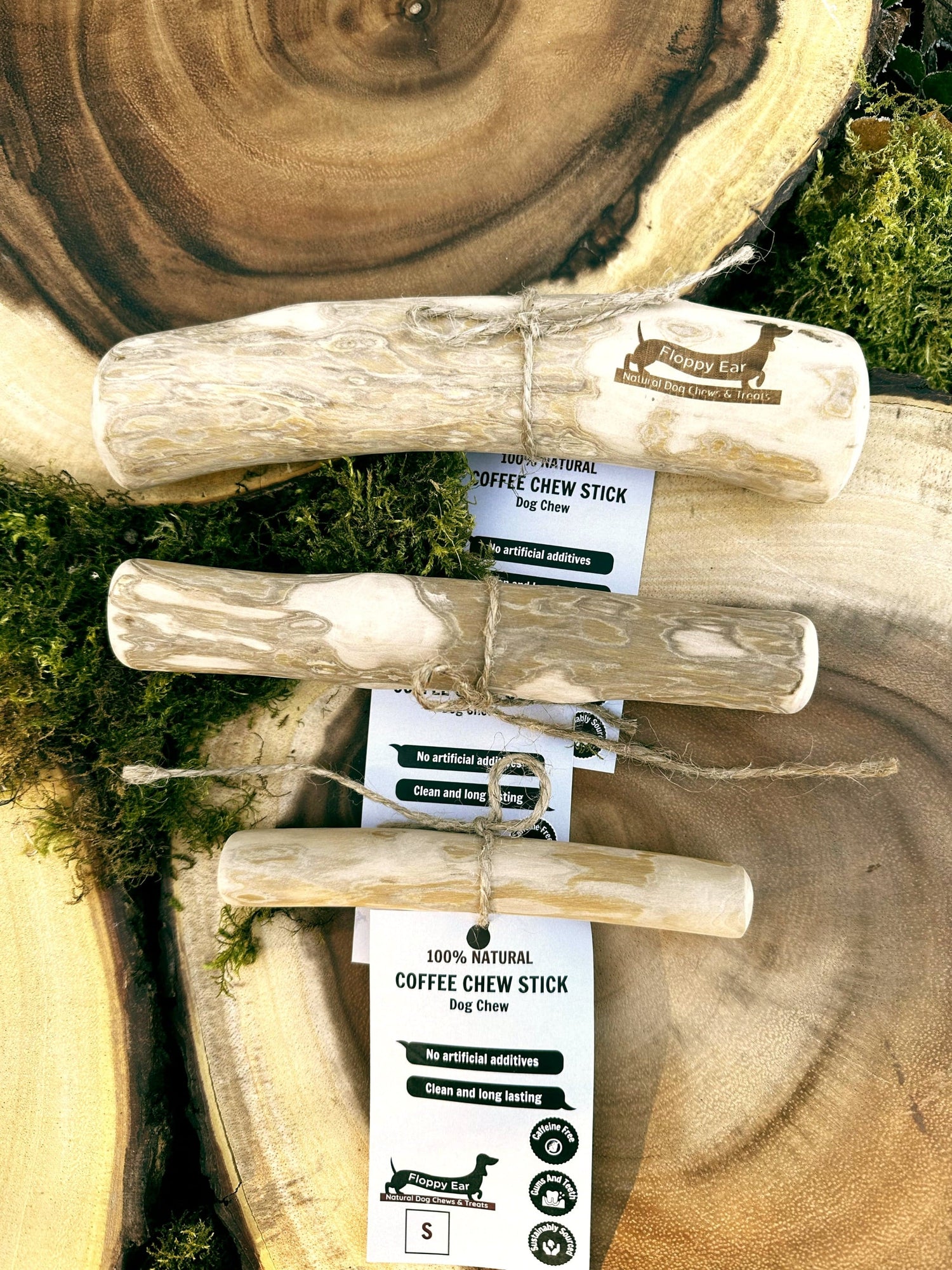 Floppy Ear Coffee Chew Stick Small Medium and Large sizes on wooden slice with moss