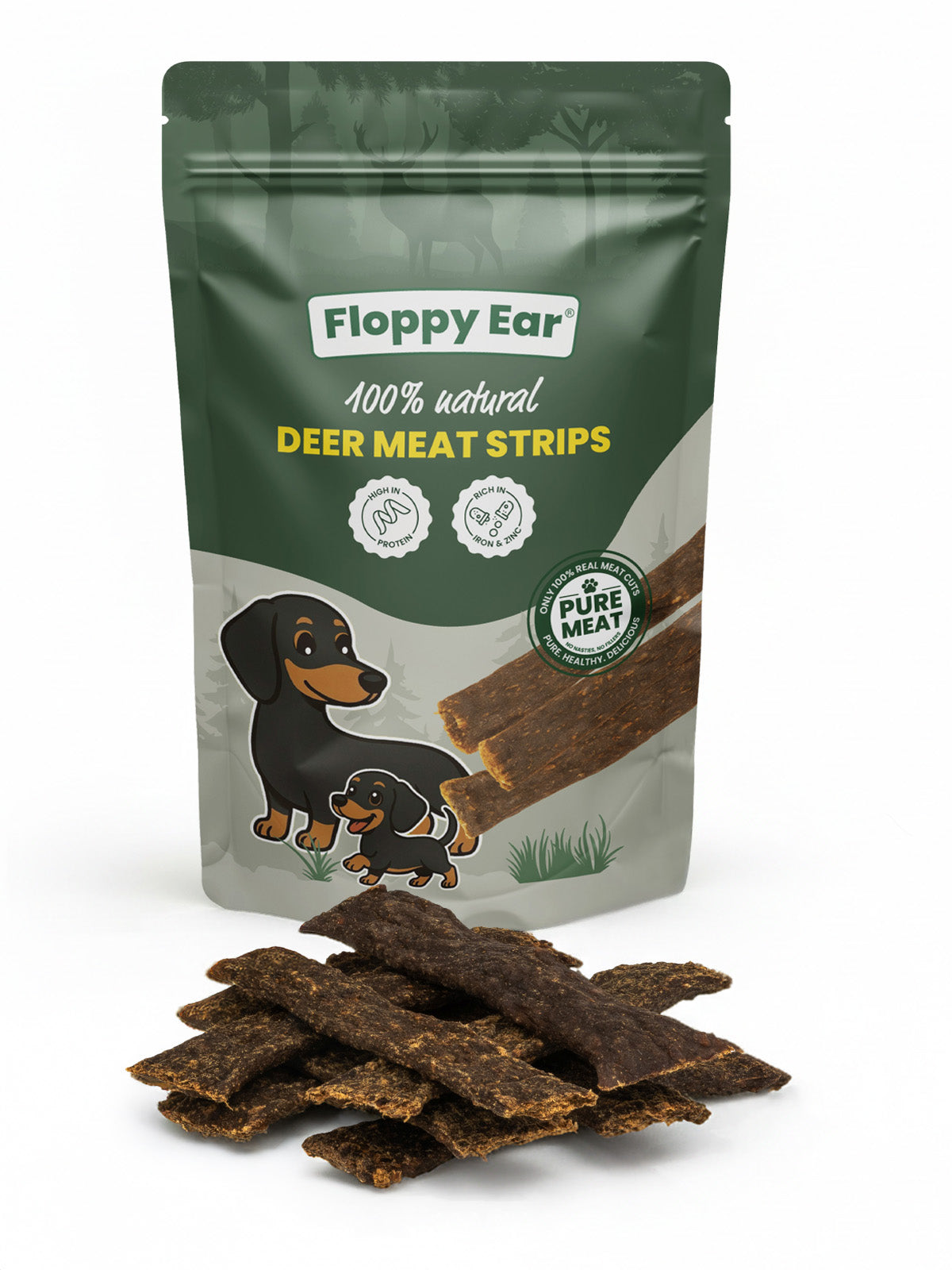Packaging of Floppy Ear deer meat strips for dogs with a pile of strips in front.