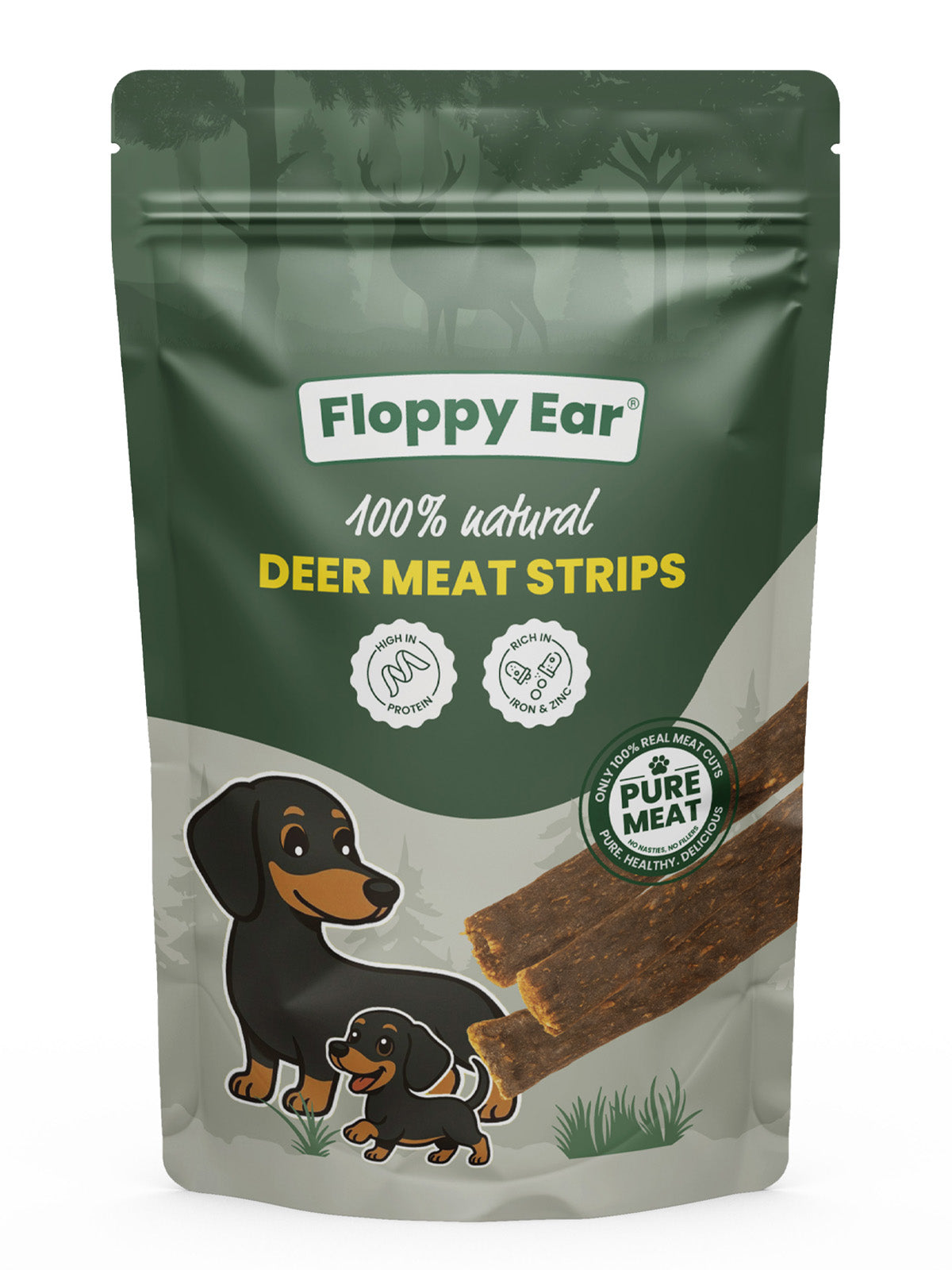 Floppy Ear 100% Natural Air Dried Deer Meat Strips 150g pouch on moss