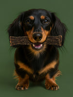Dachshund holding a deer meat strips treat in its mouth against a green background