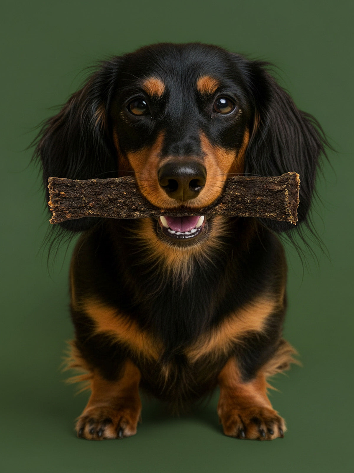 Dachshund holding a deer meat strips treat in its mouth against a green background