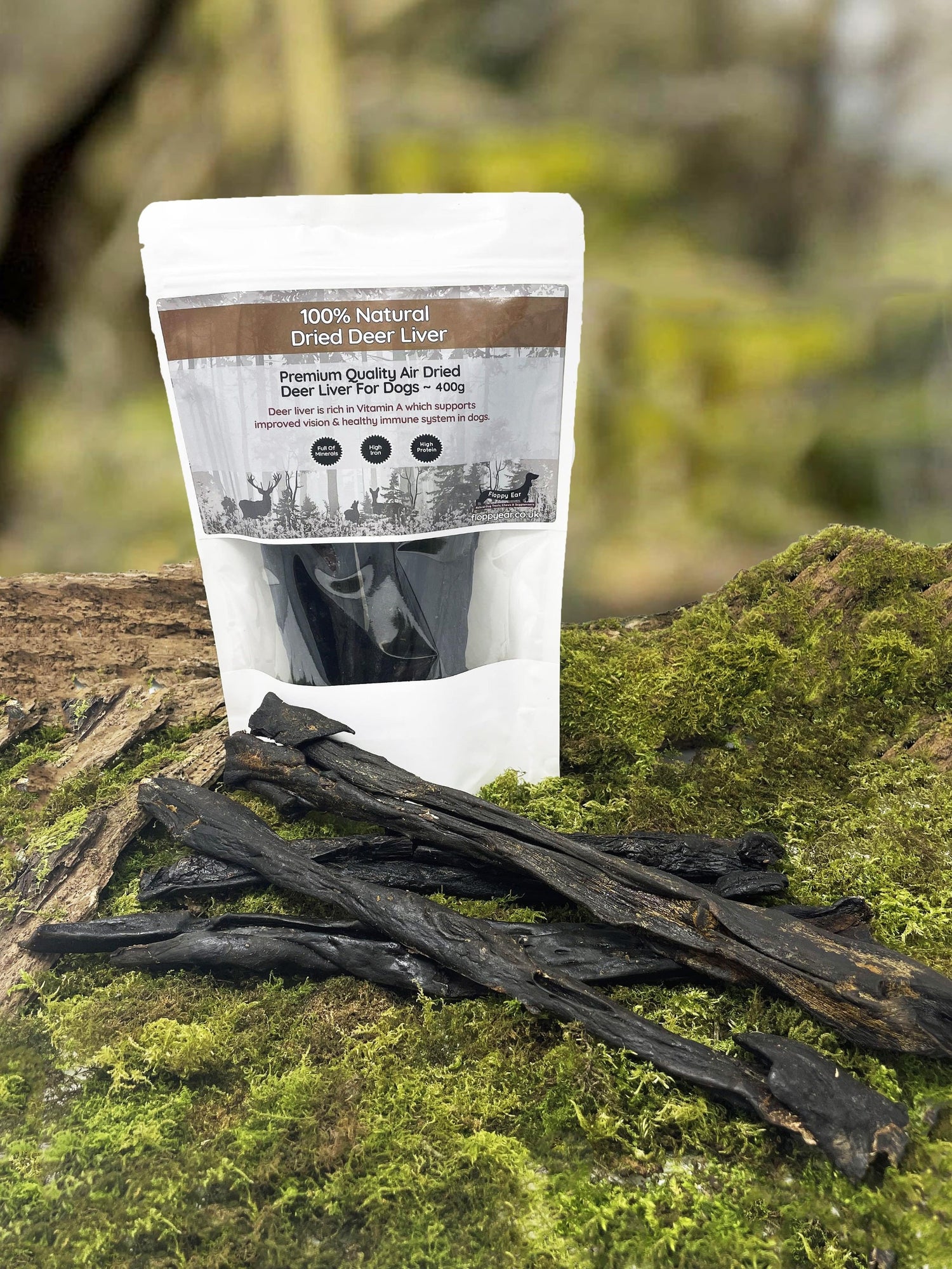 Floppy Ear 100% Natural Dried Deer Liver 400g pouch on moss with loose strips
