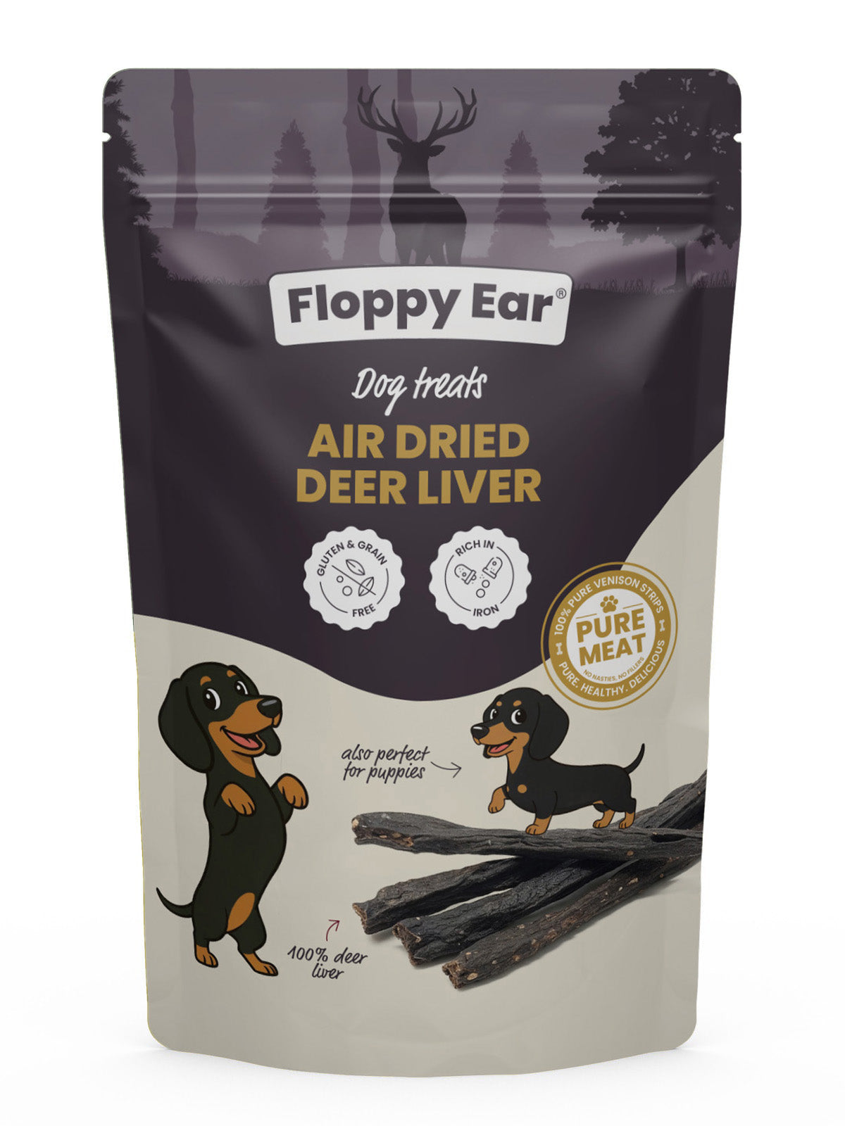 Floppy Ear 100% Natural Dried Deer Liver 400g pouch on moss with loose strips