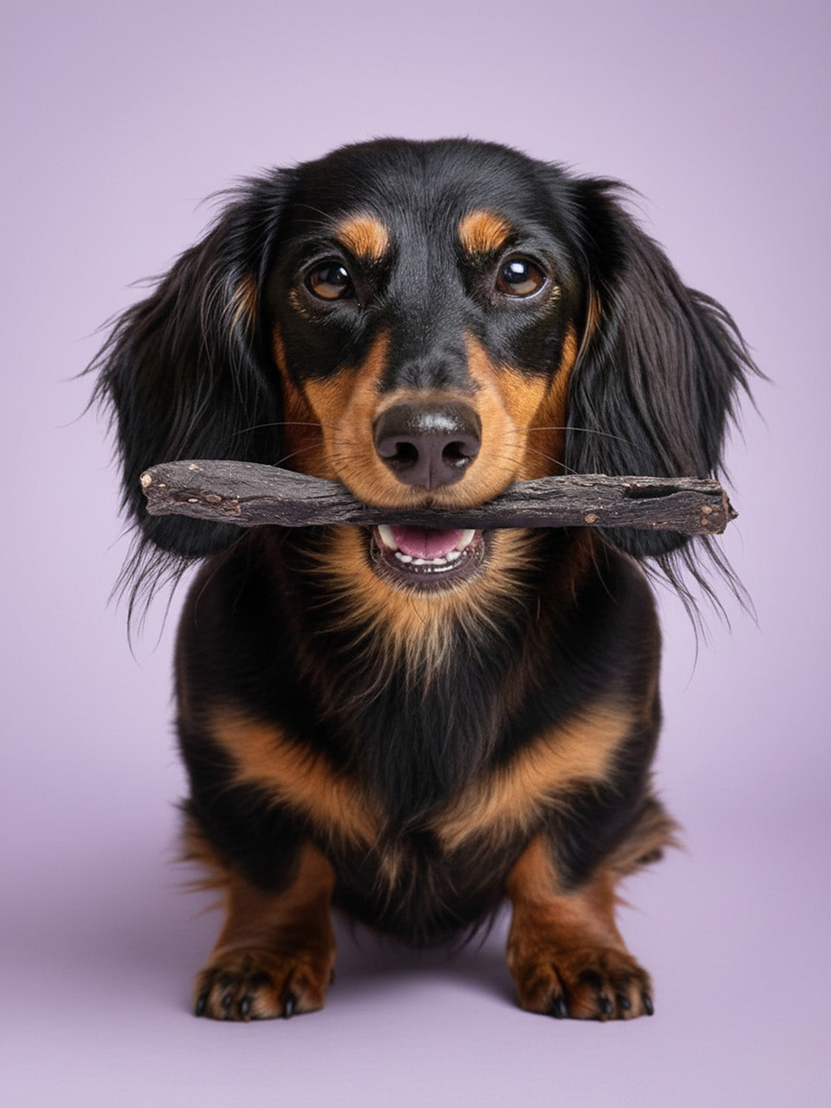 Dachshund holding a deer liver stick treat in its mouth against a light purple background