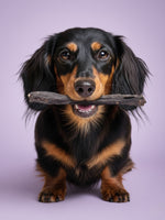 Dachshund holding a deer liver stick treat in its mouth against a light purple background