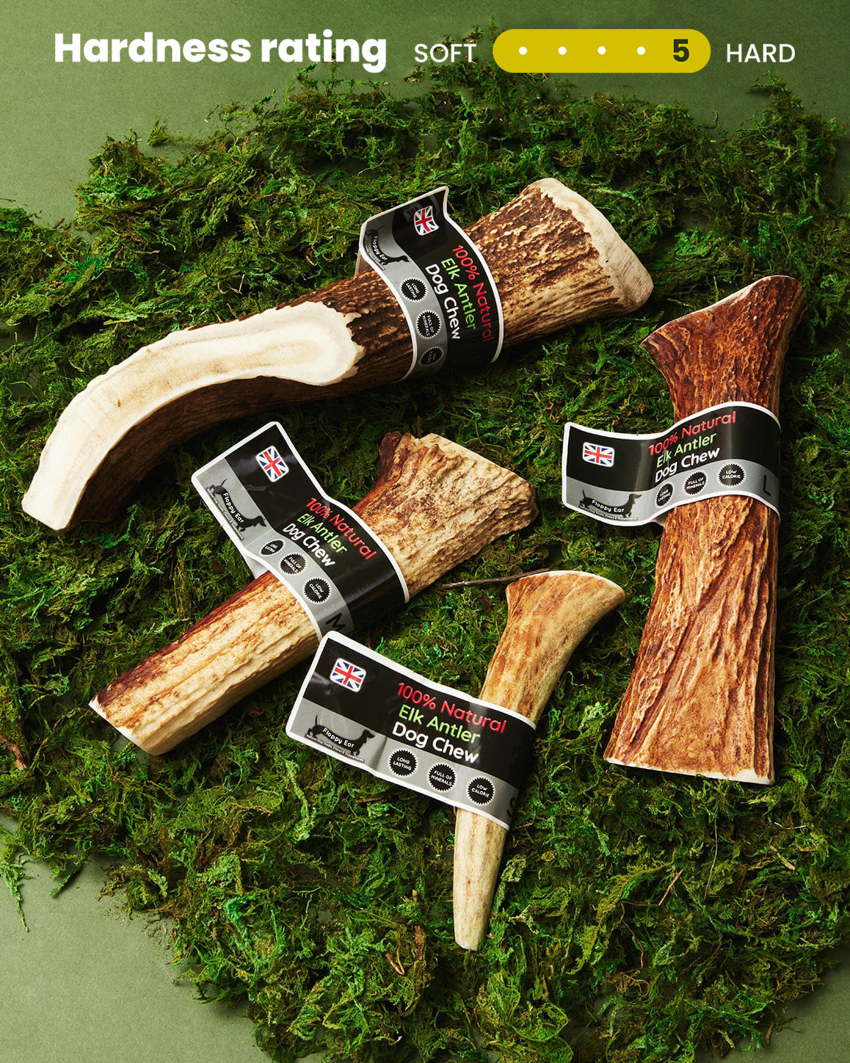 Floppy Ear Elk Antler Chews all sizes on moss with hardness rating 5