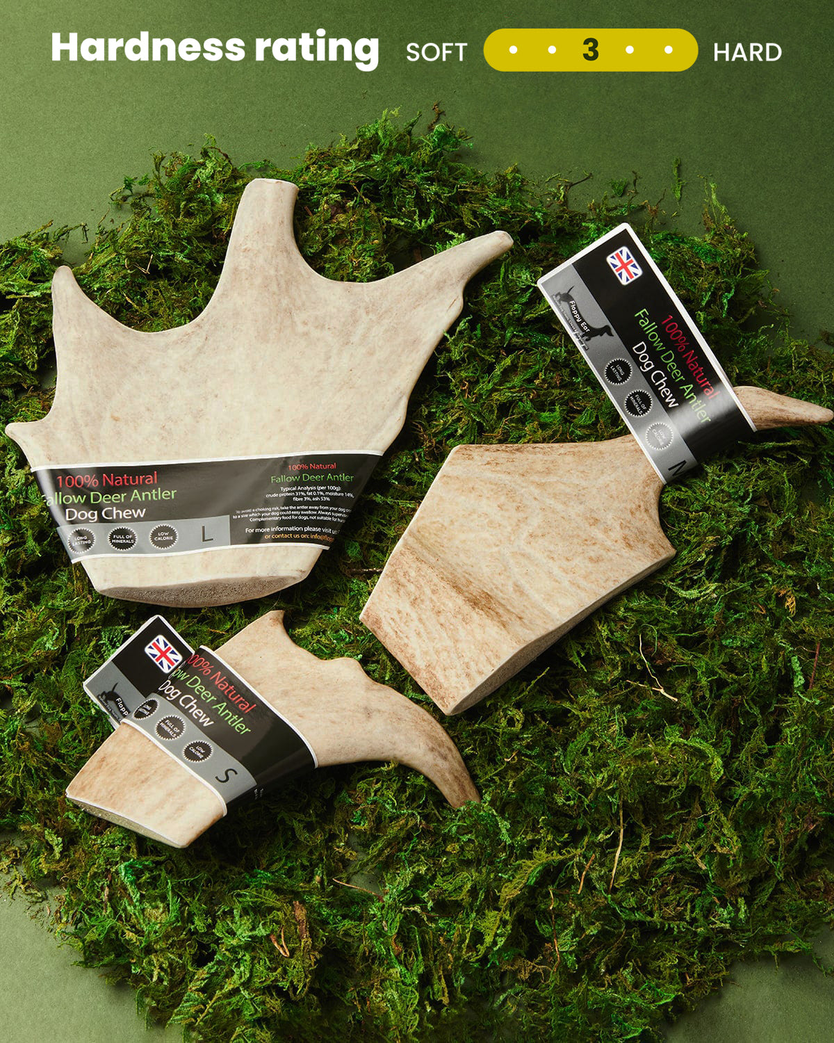 Floppy Ear 100% Natural Fallow Deer Antler Dog Chew on wooden plank with moss