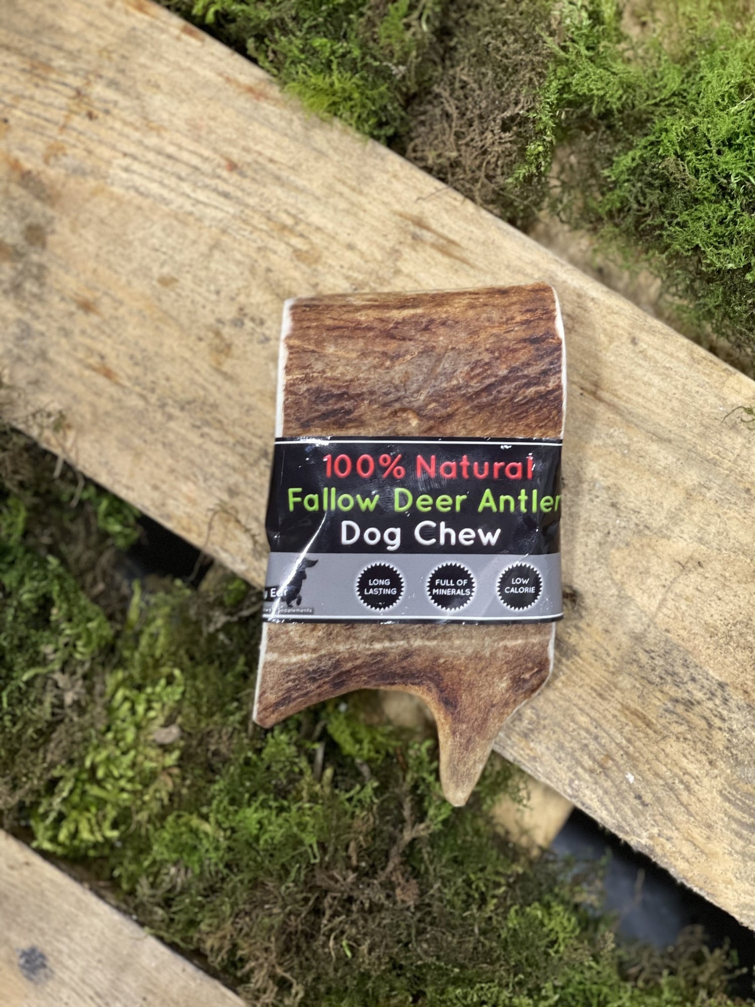 Floppy Ear 100% Natural Fallow Deer Antler Chew Small size on wood and moss