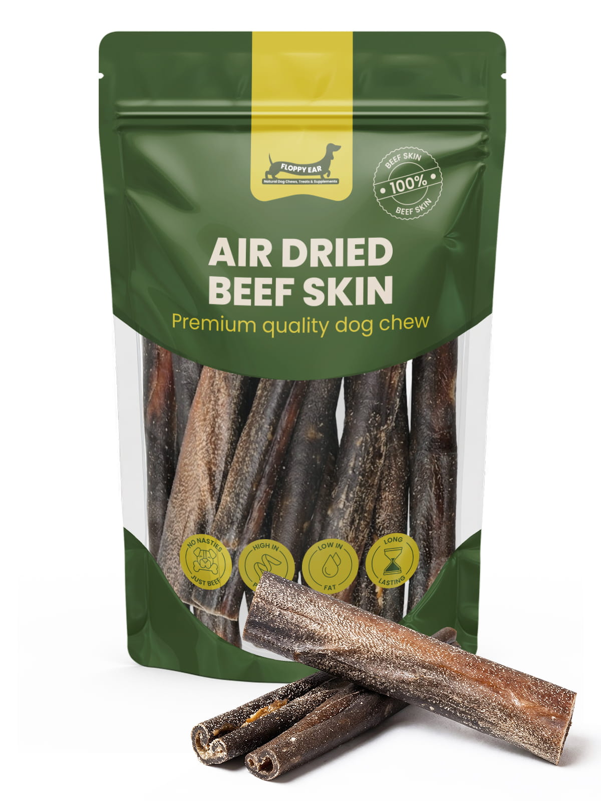 Floppy Ear air-dried beef skin dog chew pouch – 100% pure beef skin, high protein, low fat, long-lasting, packed in the UK
