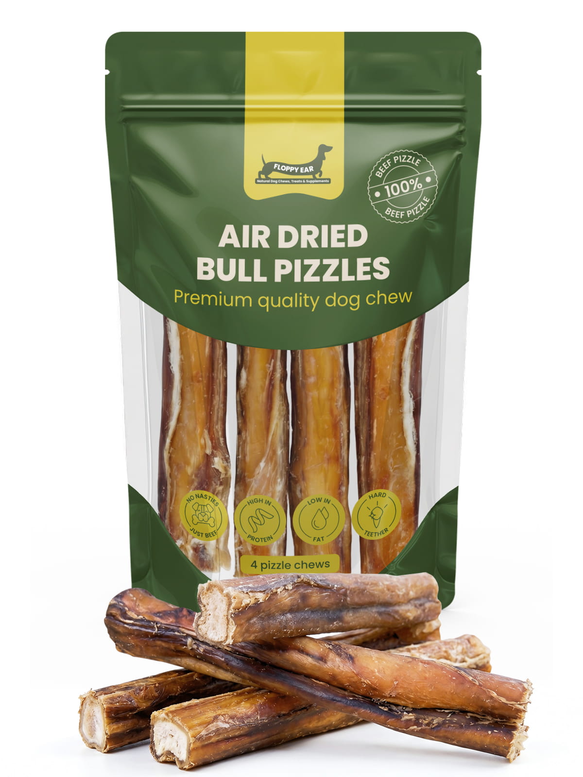 Floppy Ear Bull Pizzle Premium Quality Air Dried Dog Chew pouch with loose pieces on moss