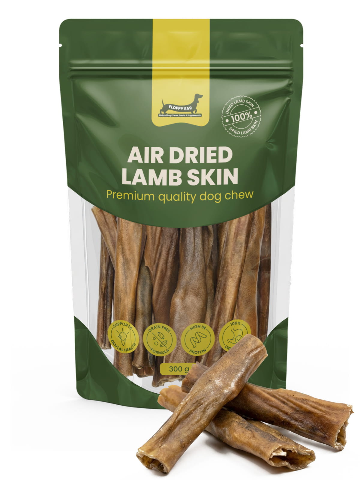Floppy Ear air-dried lamb skin dog chew pouch 300g – 100% pure dried lamb skin, supports dental health, grain-free, high protein, packed in the UK