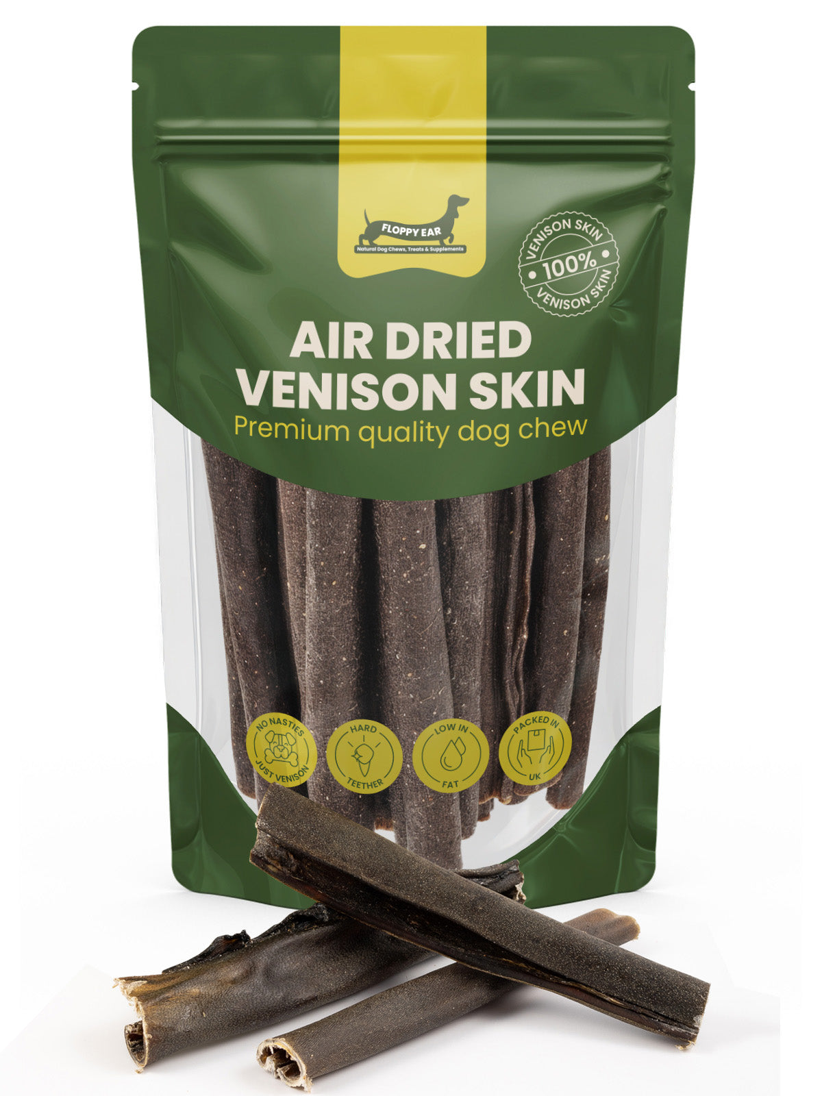 Floppy Ear Dried Venison Skin Chew Pack open front view with natural venison skin dog chews