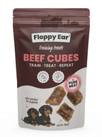 Packaging of Floppy Ear Beef Cubes dog treats on a white background