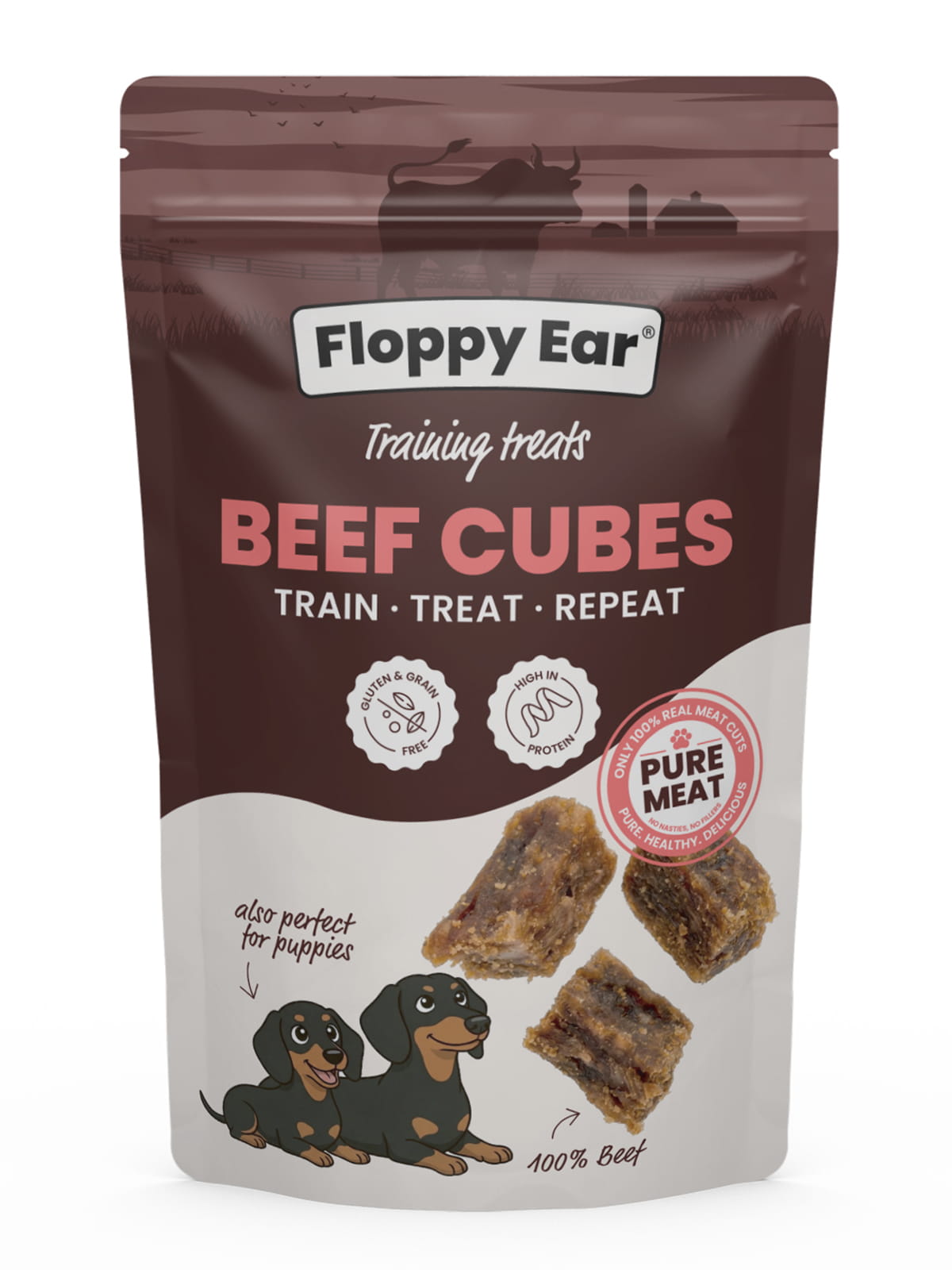 Packaging of Floppy Ear Beef Cubes dog treats on a white background