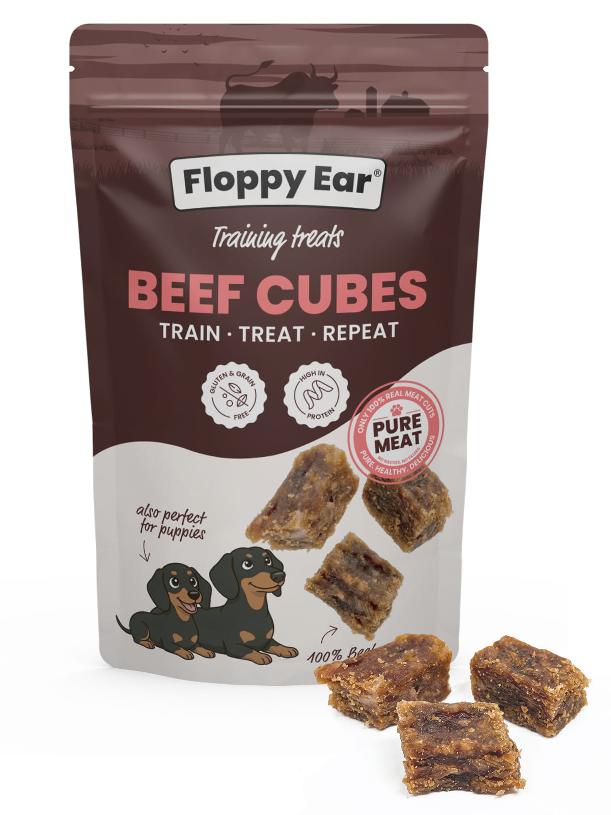 Bag of Floppy Ear Beef Cubes dog treats on a white background