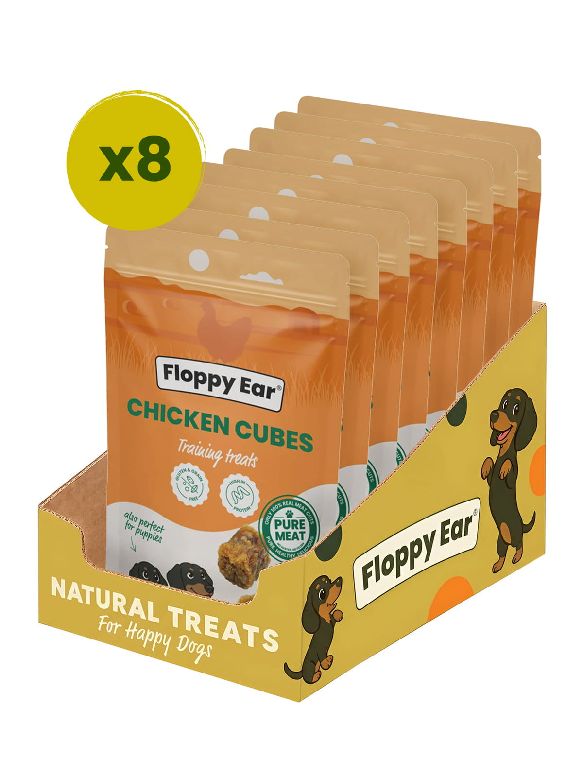 Box of 8 Floppy Ear Chicken Cubes natural dog training treats, 8 x 150g bags (1.2kg)