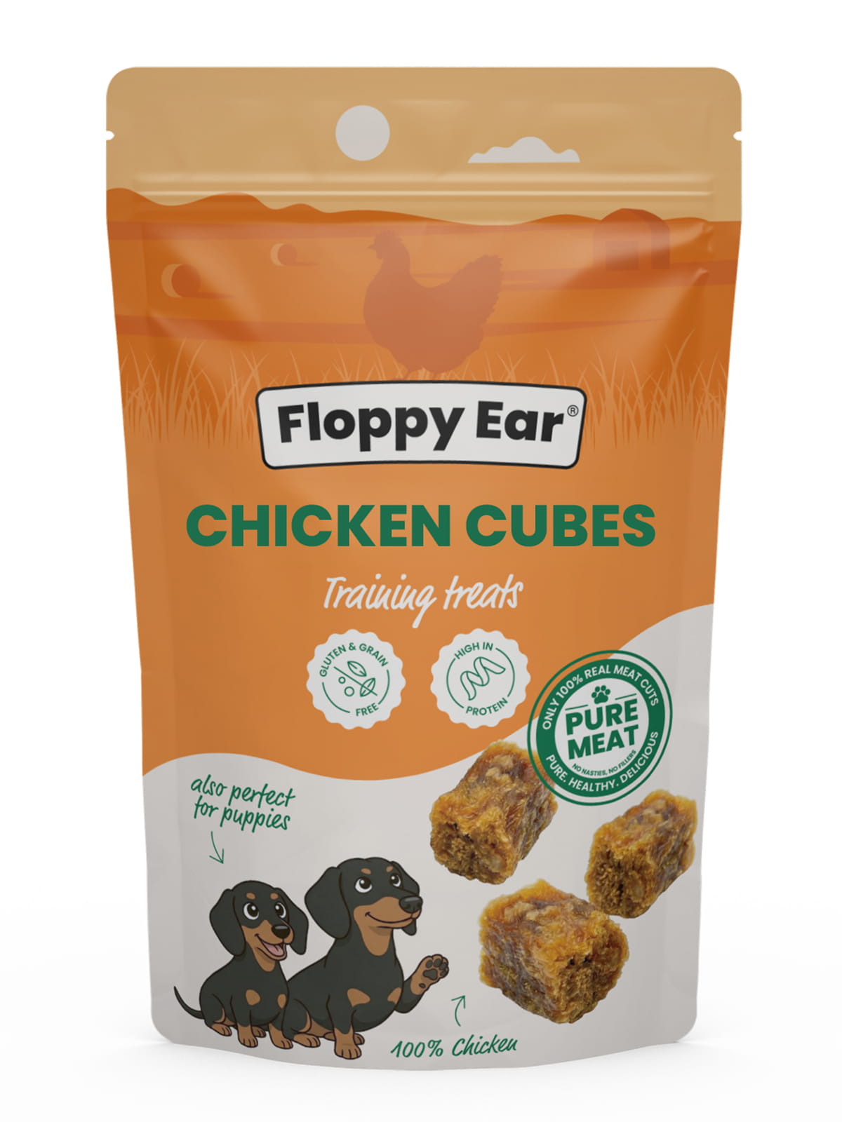 Packaging of Floppy Ear Chicken Cubes training treats with images of dogs and chicken cubes.