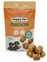 Packaging of Floppy Ear Chicken Cubes training treats with images of dogs and chicken cubes.