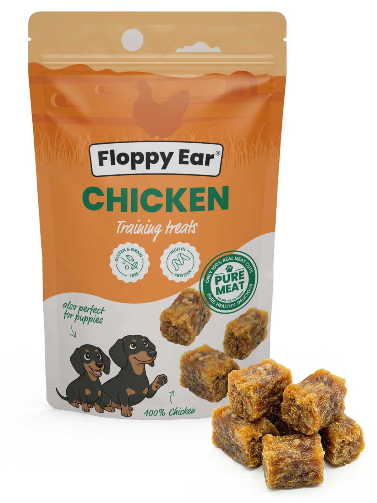 Packaging of Floppy Ear Chicken Cubes training treats with images of dogs and chicken cubes.