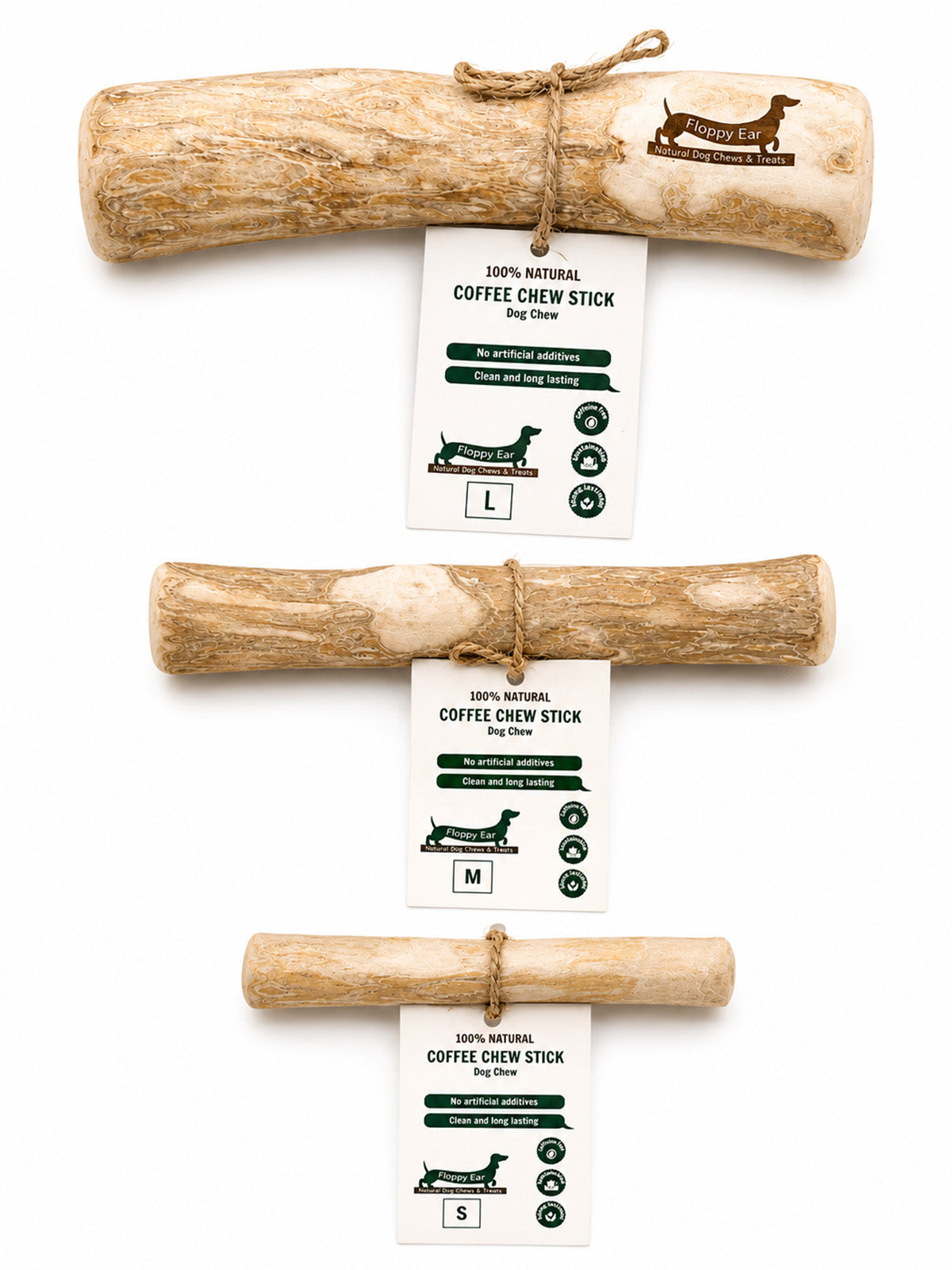 Floppy Ear 100% natural coffee chew sticks in small, medium and large sizes – clean, long-lasting dog chews with no artificial additives