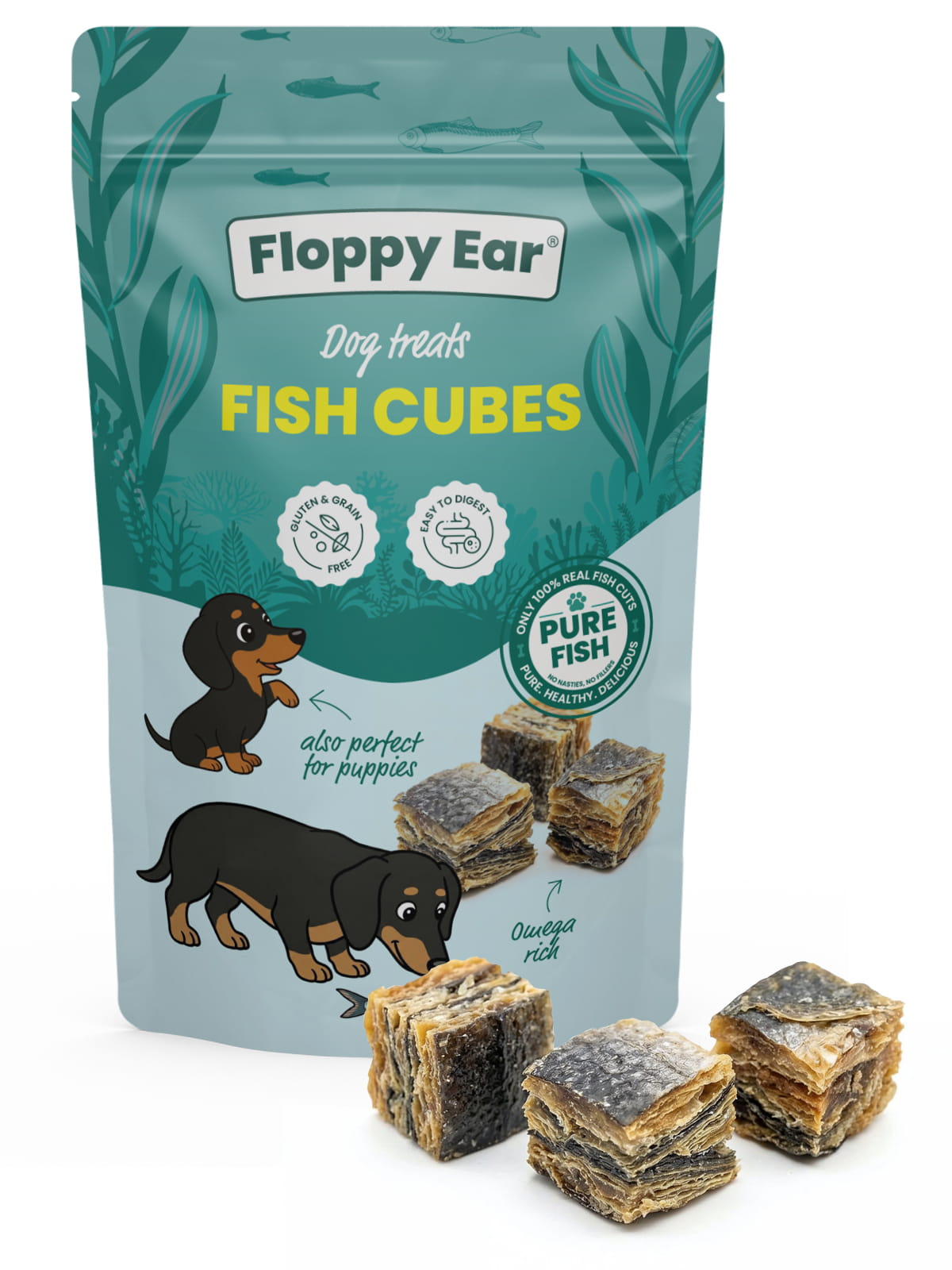 Packaging of Floppy Ear Fish Cubes dog treats with illustrations of dogs and treats.