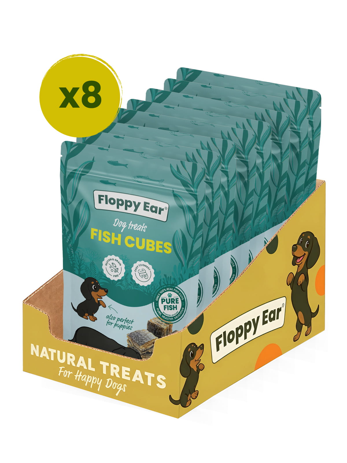 Box of 8 Floppy Ear Fish Cubes natural dog training treats, 8 x 100g bags (800g)